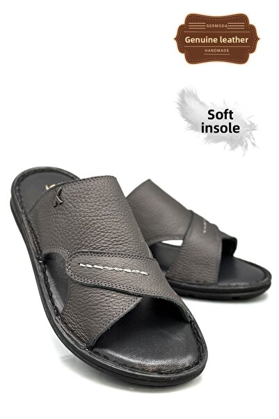 sermoda Genuine Real Leather Men's Slippers Lightweight Slippers Leather Syringe Smoked