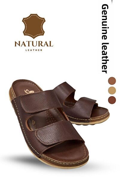 Moda Anna Genuine Leather Men's Slippers Natural Leather Slippers C Brown