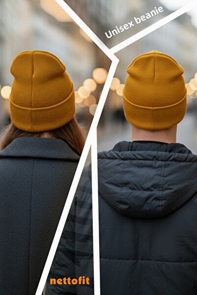 nettofit Uniszex téli bőr mustáros gyapjú svájcisapka címke részletekkel