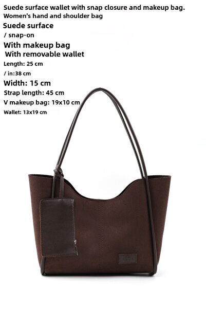 SHAKA Γυναικεία τσάντα χεριού και ώμου από καστόρι καφέ Shk108, ύφασμα σουέτ, με κουμπωτά, πορτοφόλι και τσάντα μακιγιάζ