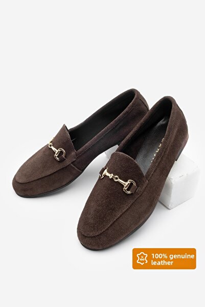 Marjin Women's Genuine Leather Chain Loafer Bitter Brown Casual Shoes Tanle Brown Suede