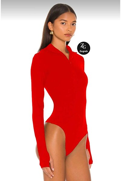 Zagrep Women's Red Hidden Zipper Finger Snap Double Layer Silk Jersey Bodysuit