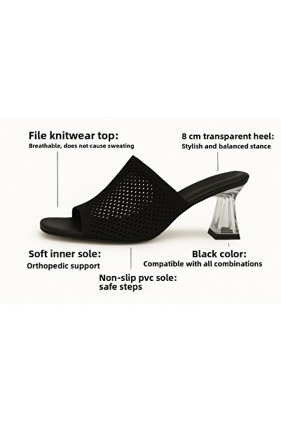 BESKAR Black Women's Slippers with Transparent Heels – Mesh Knitwear, Orthopedic Summer Model