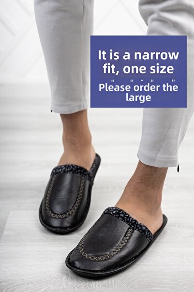 Modafırsat Μαύρη δερμάτινη εμφάνιση Ανδρικές παντόφλες κλειστές μπροστά Χειμερινές ελαφριές παντόφλες Guest Dowry Groom Παντόφλες