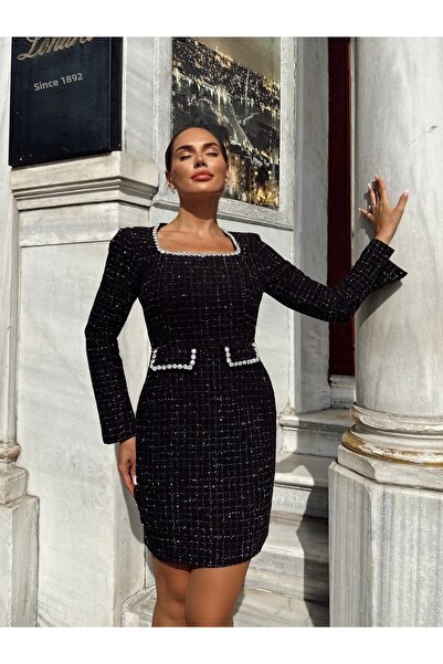 1Moda1Tarz Γυναικείο Μίντι Φόρεμα με Μαύρο Γιακά και Πέτρα Επεξεργασίας Τσέπης Ειδικού Σχεδίου