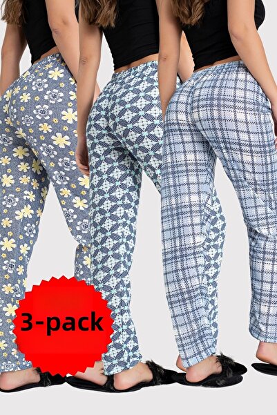 DONEX 3 csomag pamut vékony, légáteresztő szövet szalag derék részletes nyomtatott zseb nélküli női pizsama alsó csomag