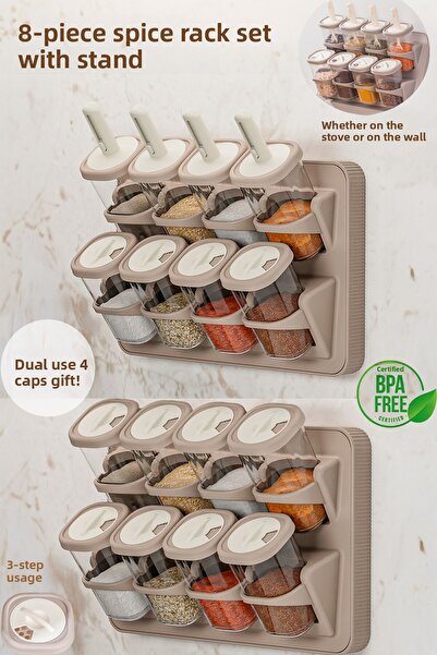 Porsima 1116 طقم رف توابل معلق ذاتي اللصق مكون من 8 قطع مع حامل وغطاء دوار