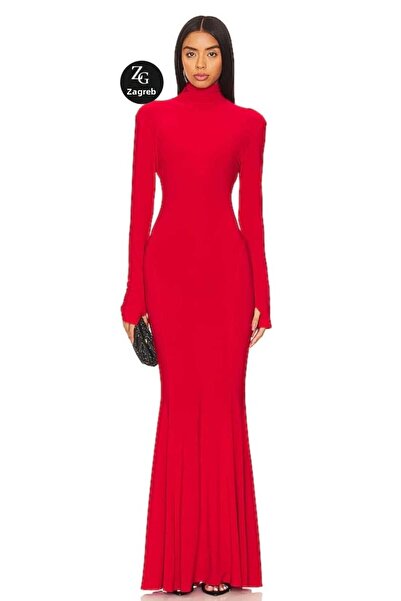 Zagrep Γυναικείο Maxi φόρεμα με κόκκινο δάχτυλο με βολάν από μεταξωτό ζέρσεϊ