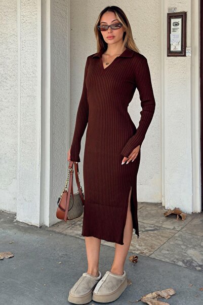 Swist Brown Polo Neck Sleeve Detail Women's Knitwear Midi Dress