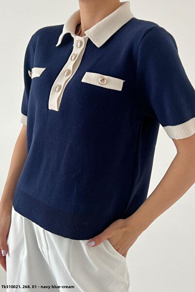 Rhosus Dámský úplet s krátkým rukávem v tmavě modré barvě s předním zapínáním na knoflík