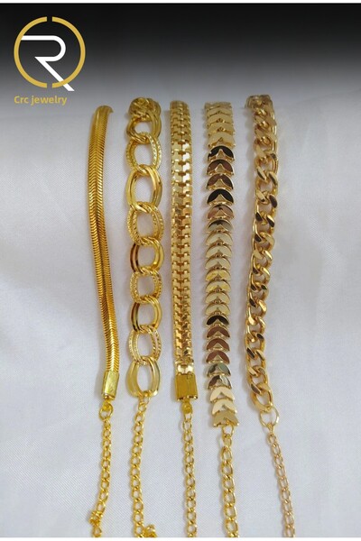 Crc Bijuteri مجموعة أساور نسائية من سلسلة إيطالية وظهر سمكة مكونة من 5 قطع بلون ذهبي لا يبهت
