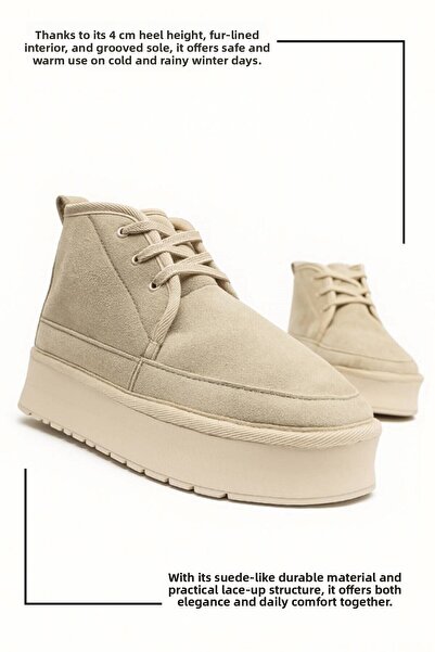 Nstil Γυναικείες μπότες μπεζ - Χοντρή ψηλή σόλα, κορδόνια, γούνινη επένδυση, οβάλ δάχτυλο, άνετο U15