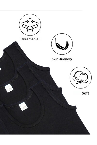 ALYA UNDERWEAR Boy's Cotton Ribbed Tank Top Oval Collar 3 Pack - 3 Pieces Black