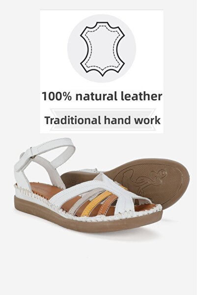 TUNAELLİ White Leather Women's Sandals - Size 35-41-42, Flat Wedge Heels, Front Open Strap