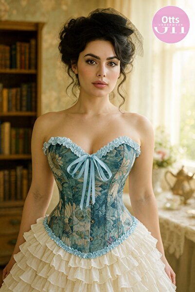 G&H UNDERWEAR Blue Patterned Vintage Gothic Corset