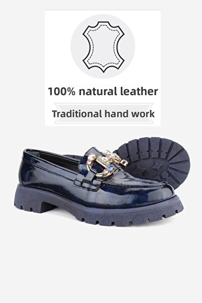 TUNAELLİ Navy Blue λουστρίνι Γνήσιο φυσικό δέρμα - Stone Detailed Lofer Shoes Μέγεθος 36-41