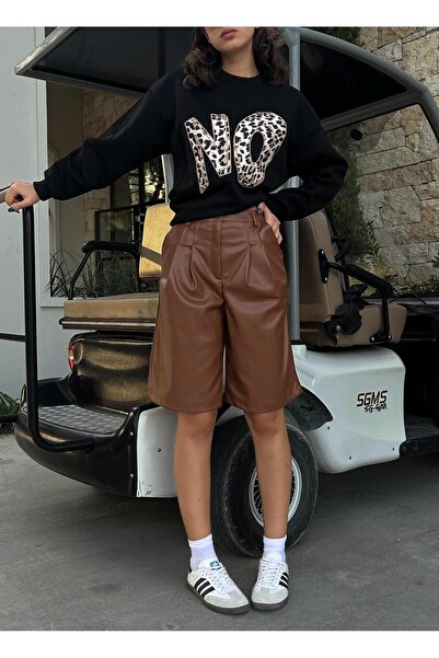 minaaise Γυναικείο καφέ δερμάτινο σορτς βερμούδα 28080