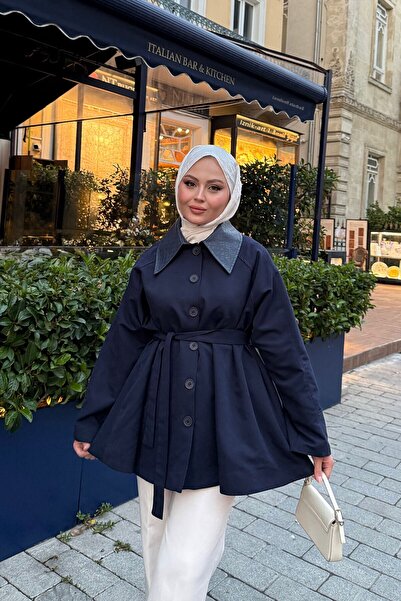 LOCCO Women's Leather Collar Trench Coat Navy Blue