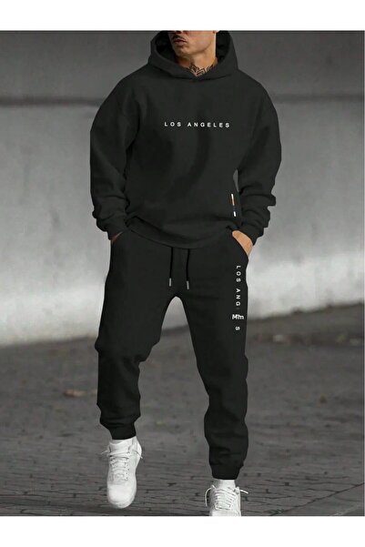 Elfa Tekstil Λεπτομερές σετ φόρμας Los Angeles Black Jogger - Φούτερ με κουκούλα και παντελόνι