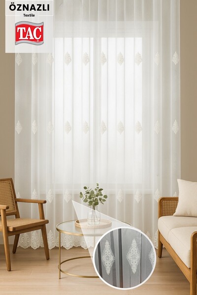 Taç Luxury Classic Tulle Curtain – 3 Rows of Embroidery, Skirt Embroidery, Frequent Pleats Elegant Design