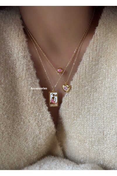 aksesuaris بطاقة التارو الوردية ومجموعة قلادة على شكل قلب من حجر الزركون الذهبي