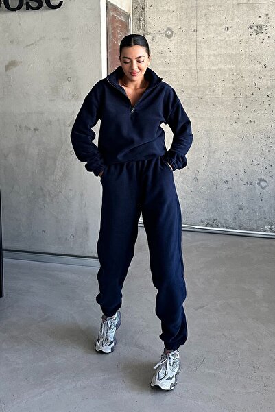 MODAGEN Navy Blue Unisex Fleece Tracksuit Set - Stand Collar and Half Zipper
