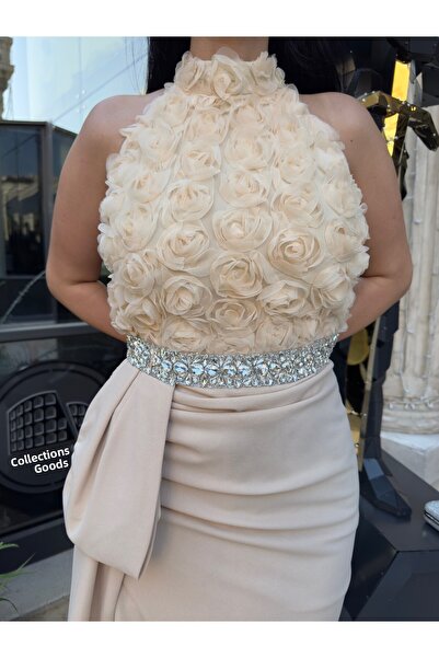 1Moda1Tarz Women's Imported Fabric Shawl and Stone Embroidery Detailed Rose Patterned Slit Lined Special Design Dress