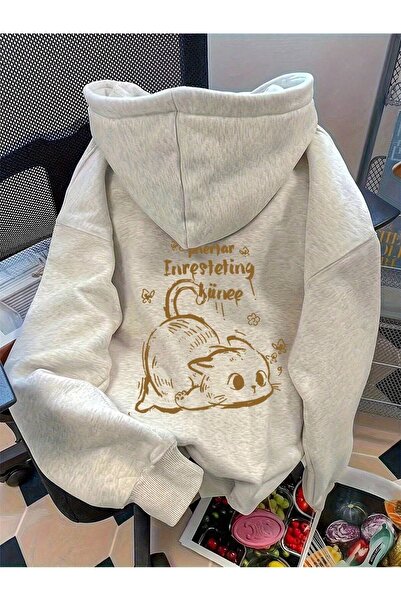 ModaQamar هوديي رياضي كبير الحجم بجيب كنغر وطباعة قطة لطيفة باللون الرمادي