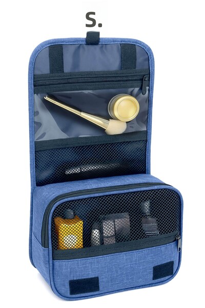 Arnee Geantă de machiaj de călătorie bleumarin cu curea metalică Geantă portabilă mare de machiaj Geantă cosmetică