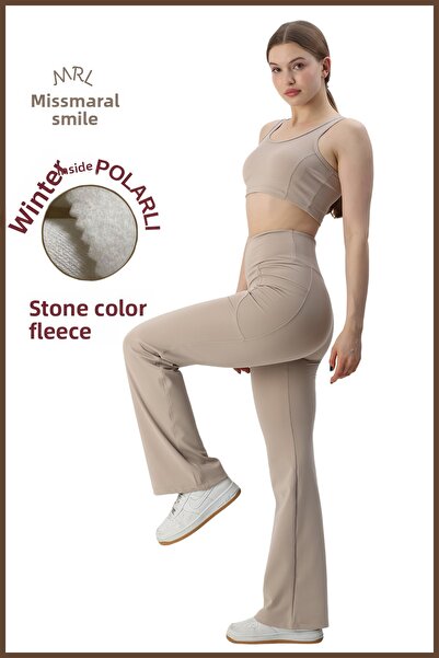 missmaral Women's Rhinestone High Waist Fleece Leggings - Lycra, Flared Leg, Double Pockets, Thick Winter, Winter 1064