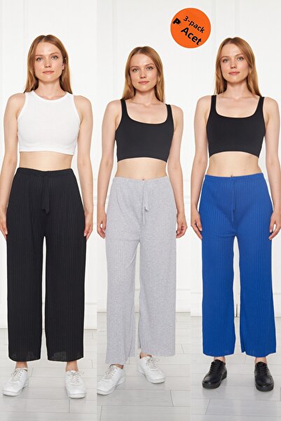 Asel 3-Piece Black - Gray - Navy Blue Women's Corduroy Comfortable Pants & Tracksuit, Casual Comfortable Home Wear Pajamas