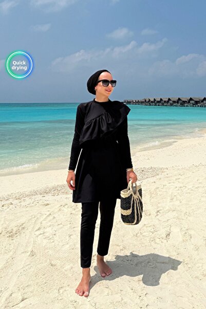 Ka Hijab Frill Detail Full Covered 2-Piece Hijab Swimsuit - Black