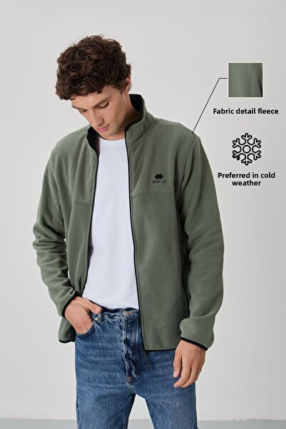 TOMMY LIFE Pánská mikina Çağla Text Vyšívaný stojáček Zip na zip Standardní velikost Fleece - 87992