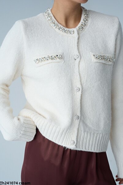 NATUFIAN STORE Dámský svetr Ecru Stone s kapsou a výstřihem do V