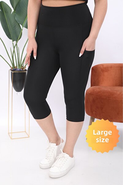 BANEGA Curve Women's Large Size Black High Waist Recovery Double Pocket Below the Knee Capri Leggings Capri