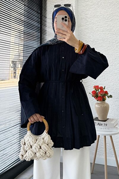 MELEK ARAZ Туника с ребра и широки ръкави от воал - тъмно син цвят