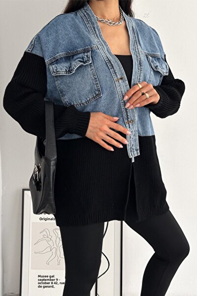 FEMELLE Dámská černá úpletová džínová bunda s detailním designem