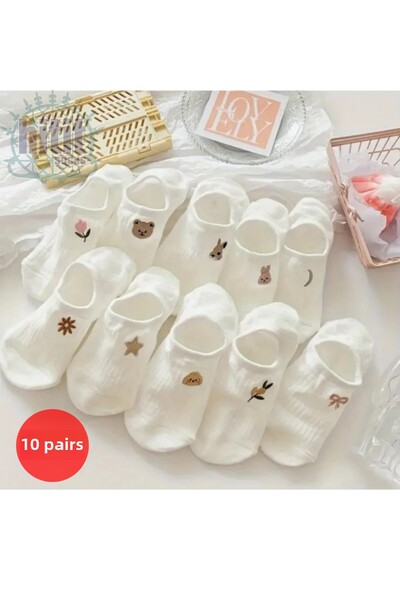 Hitit Socks Dámské 10 párů prémiových neviditelných balerínových ponožek s květinovým a zvířecím vzorem Candy White