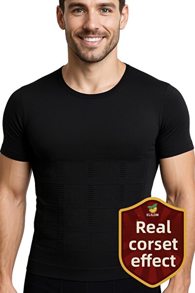 elilom Men's Corset Tank Top Chest Gynecomastia and Belly Shaper Abdominal Tightening Fit Appearance Short Sleeve