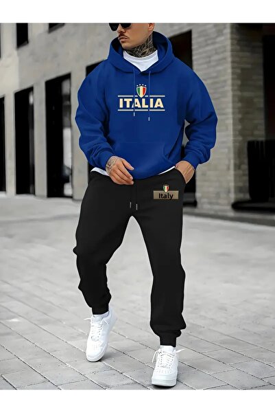 puolikuu طقم رياضي بغطاء للرأس كبير الحجم مطبوع عليه إيطاليا - سويت شيرت وركض