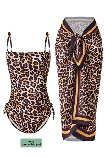 Behills Set de pareo de costume de baie brazilian din 2 piese cu model leopar...