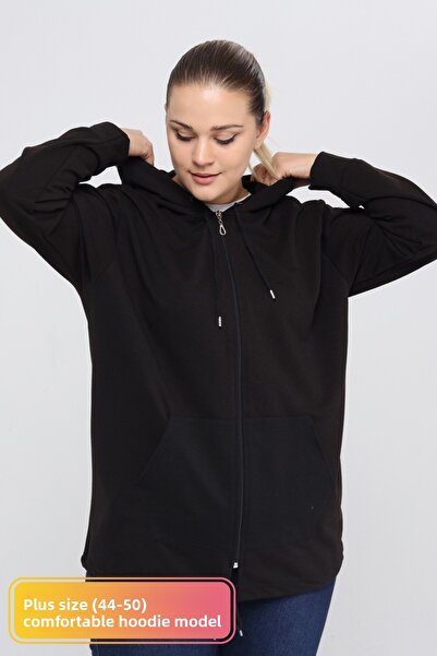 tarzımsüper Γυναικεία φούτερ με κουκούλα με φερμουάρ 2 τσέπες μακριά μαύρα αθλητικά & casual φούτερ Μαύρο