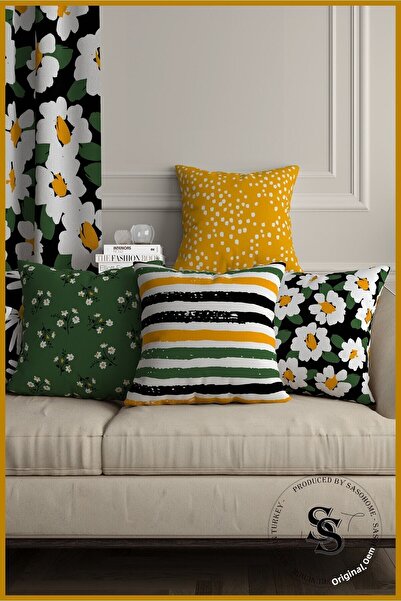 SasoHome Set of 4 Digital Printed Throw Pillow Covers with Yellow Green Spring Daisies Design