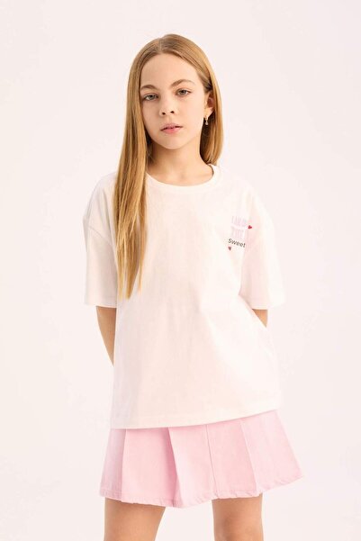 DeFacto Girl's Oversize Wide Fit Crew Neck Back Printed Short Sleeve T-Shirt E0357A825Sm