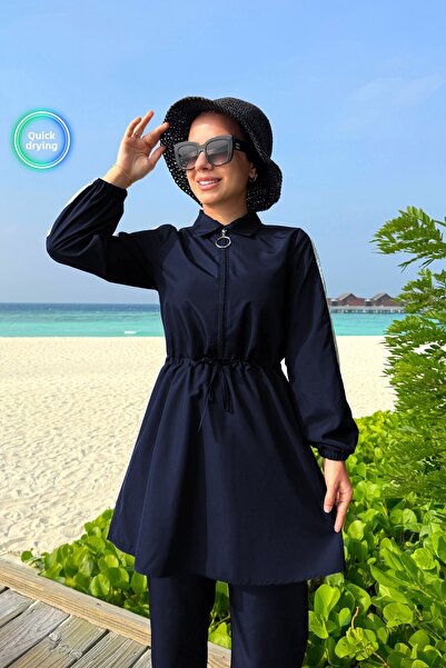 Ka Hijab Sequin Detail Full Covered 2-Piece Hijab Swimsuit - Navy Blue