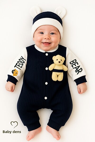 BABYDEN'S طقم بذلة مضلعة لحديثي الولادة بطابع تيدي بير مع مجموعة قبعة للأطفال...