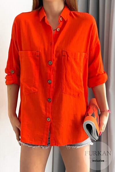 FEMELLE Dámská oranžová dřevěná košile se zapínáním na knoflíky s dvojitou kapsou pro volný čas Široký volný střih 65 % bavlna 35 % len