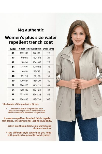 Butik Women's Water-Resistant Plus Size Zip-Up Hooded Cotton Plaid Trench Coat