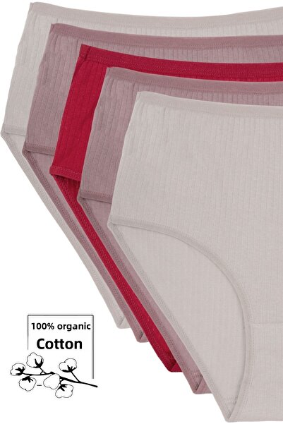 Humaone Γυναικείο 100% βαμβακερό εσώρουχο 5 τεμαχίων ψηλόμεσο πέτρα, βιζόν, μπορντό Bt2-a9