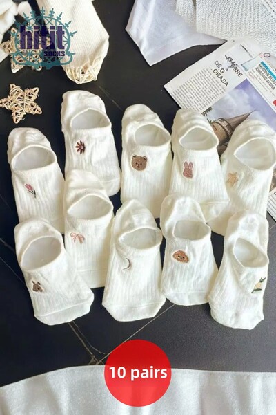 Hitit Socks Dámské 10 párů prémiových neviditelných balerínových ponožek s květinovým a zvířecím vzorem Candy White